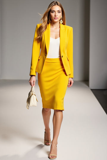 Yellow Sheath 2 Piece Notched Lapel Work Dress